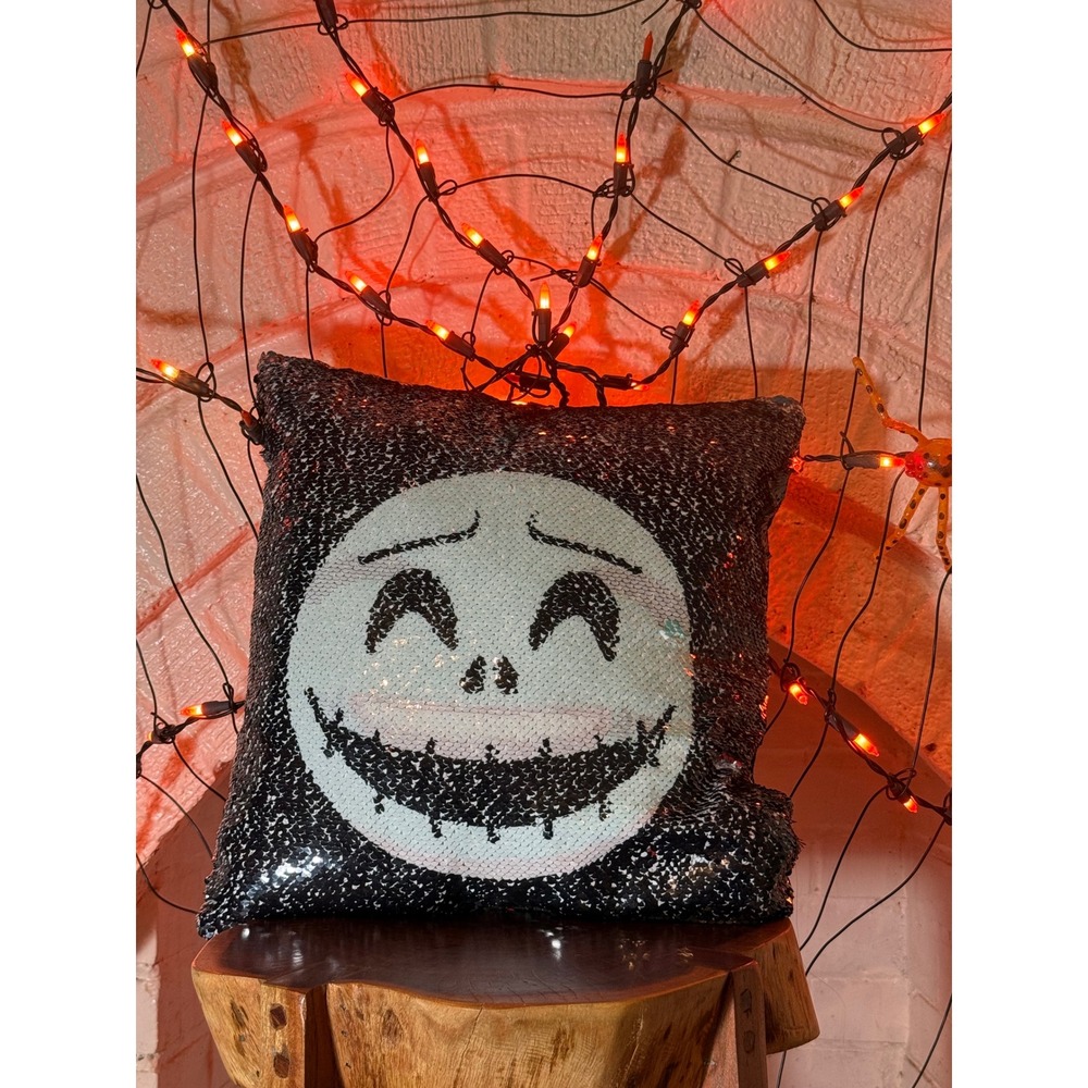 Nightmare Before Christmas Jack & Sally Sequined Pillow 14"x 14" Halloween EUC